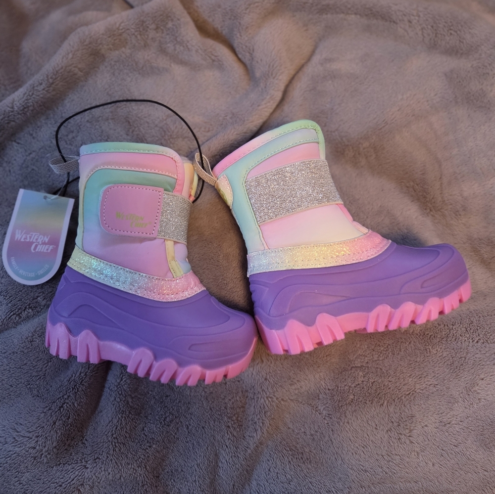 Western Chief Pastel Glitter Strap Kids Snow Boots - Pink, Purple, Mint